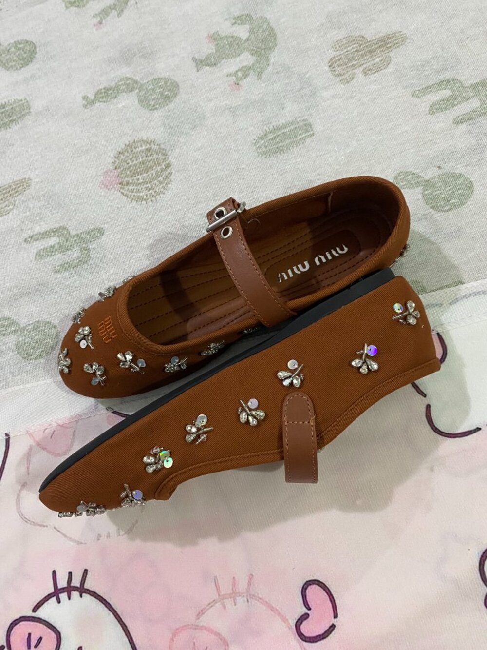 Miu Miu Embroidered Twill Ballet Mary Jane Flats - Picture 5 of 9
